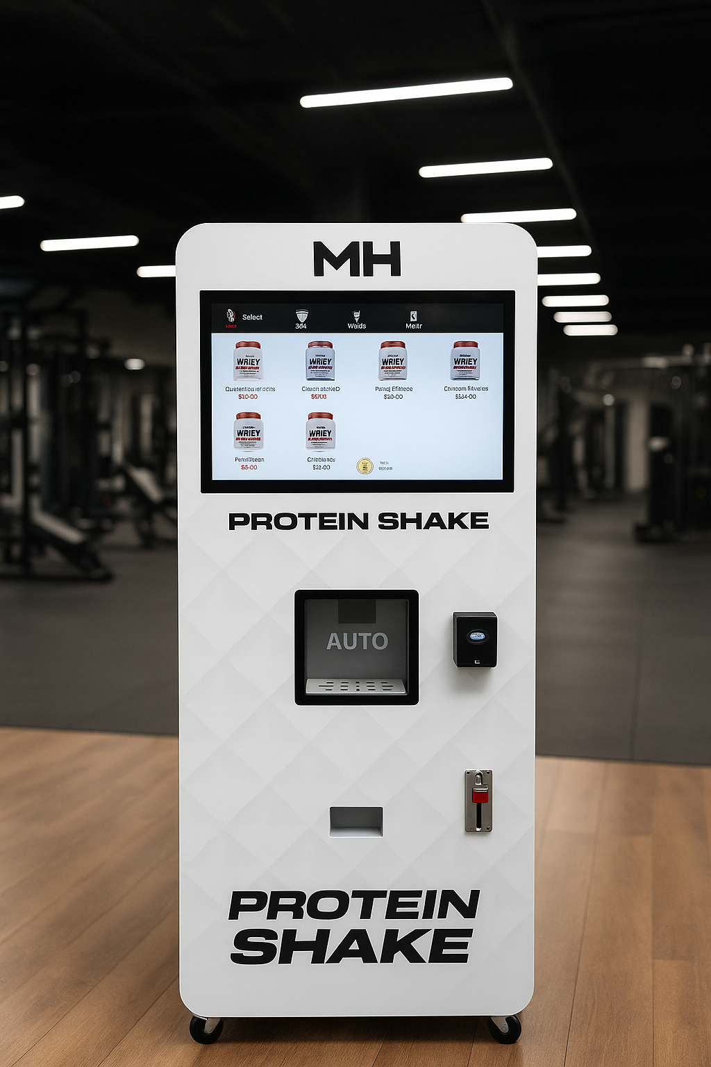 Máquina blanca ProteinShake con pantalla táctil y dispensador en un gimnasio
